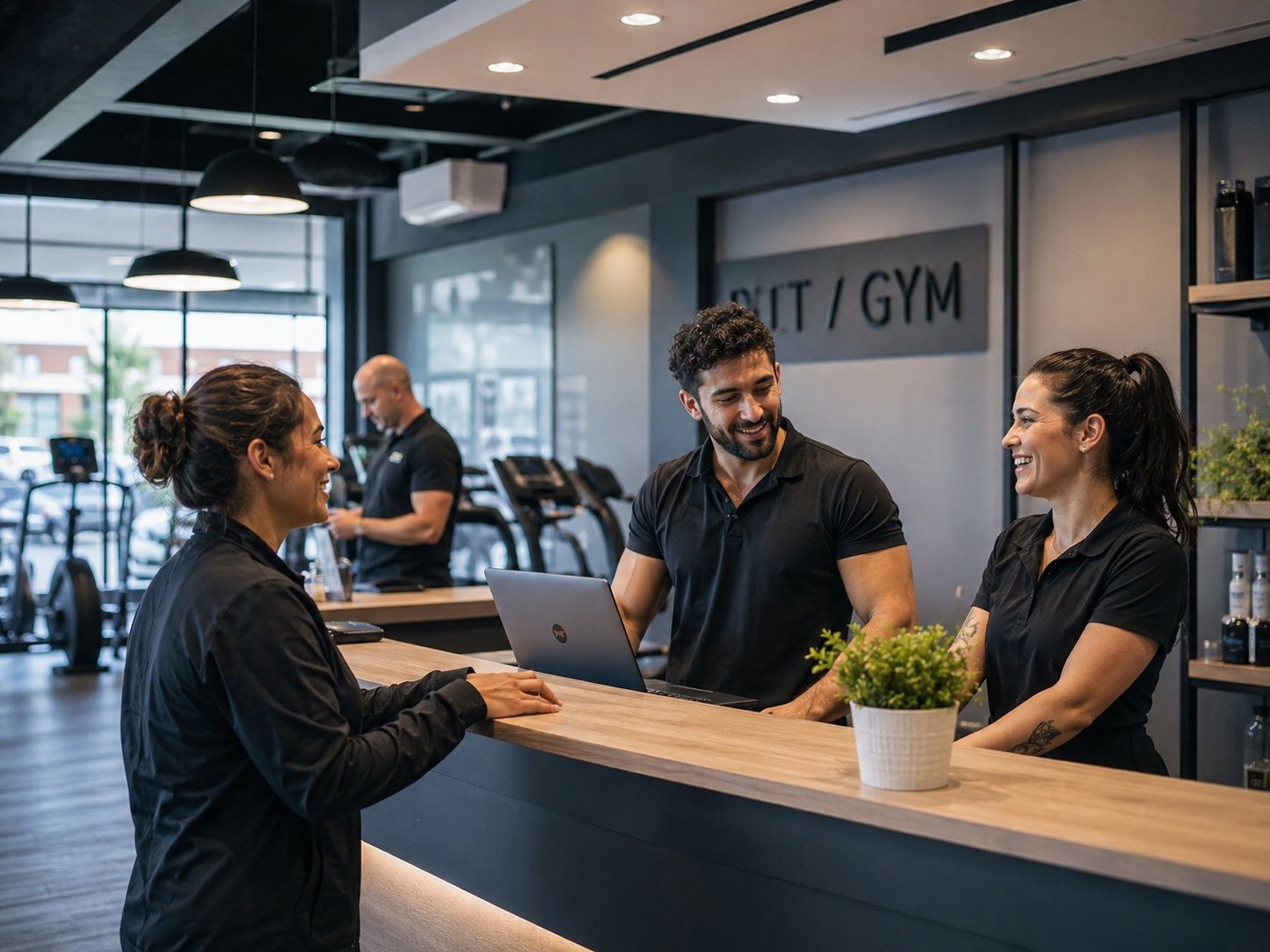 Gym staff onboarding a new member at the front desk using AI-powered gym management software — ORVX AI automates bookings, member communications, and lead conversion for Australian fitness studios and gyms