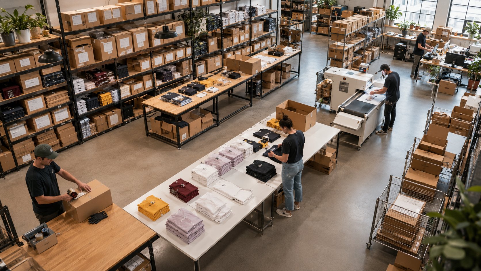 Manufacturing and fulfilment team packing and processing orders at production workbenches — ORVX AI automates demand-driven production planning, workforce scheduling, and inventory workflows for Australian manufacturers