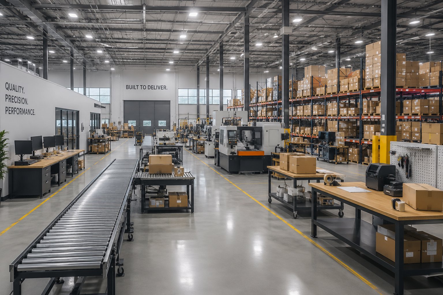 Modern Australian manufacturing facility with conveyor systems, CNC machinery, and organised pallet racking — ORVX AI automates quality control, production scheduling, and supply chain management for manufacturers