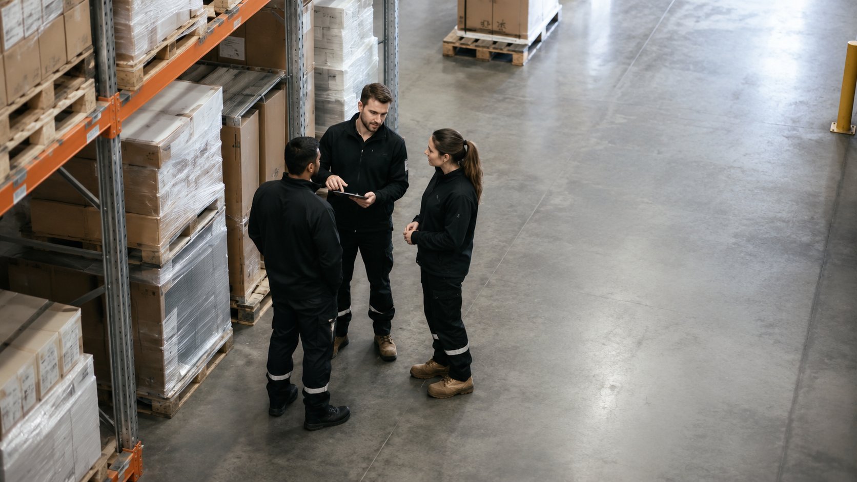 Large-scale Australian warehouse with pallet racking and wide aisles stacked with goods — ORVX AI implements WMS integration, supply chain risk monitoring, and last-mile delivery intelligence for logistics businesses