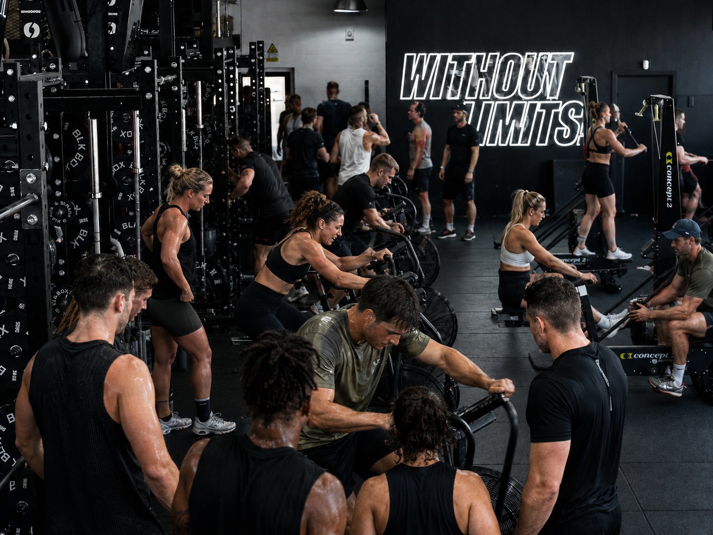 High-intensity group fitness class at Australian gym with members training on air bikes and rowing machines — AI-powered member retention, class scheduling optimisation, and churn prevention for gyms and CrossFit studios