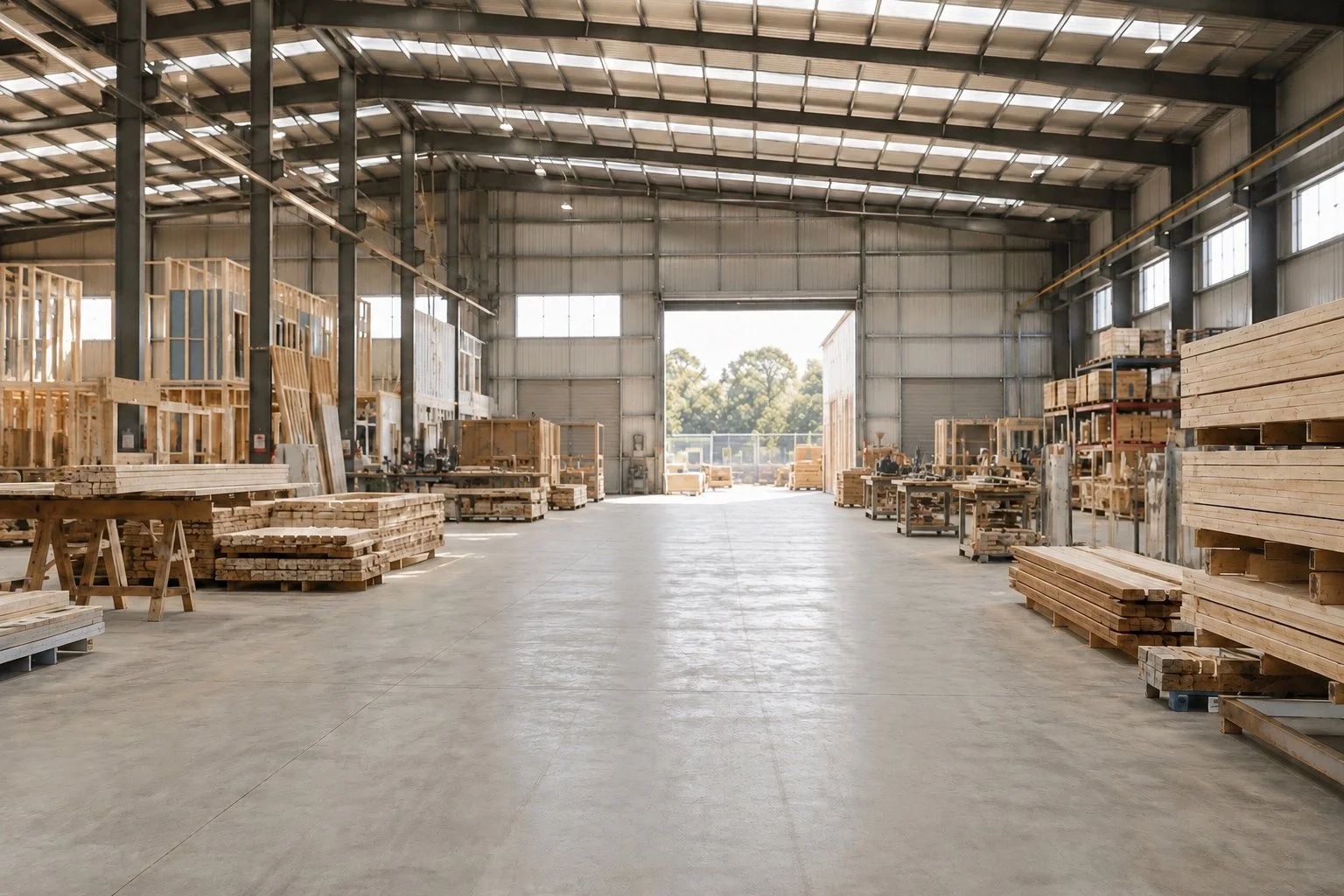 Large manufacturing warehouse facility with timber framing, lumber stacks, and industrial production floor for AI-powered operations management